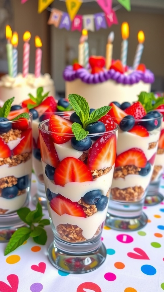 Delicious Layered Birthday Parfaits with Fresh Berries Layered birthday parfaits with yogurt, fresh berries, and granola, garnished with mint leaves on a festive table.